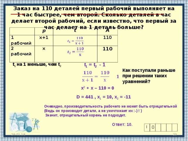 Заказ на 110 деталей первый рабочий выполняет на 1 час быстрее, чем второй. Сколько деталей в час делает второй рабочий, если известно, что первый за час делает на 1 деталь больше? 1 рабочий p х+1 2 рабочий  t A х 110 110 t 1 = t 2 - 1  t 1 на 1 меньше, чем t 2  Как поступали раньше при решении таких уравнений? х 2 + х – 110 = 0 D = 441 , x 1 = 10, x 2 = -11 Очевидно, производительность рабочего не может быть отрицательной ( Ведь он производит детали, а не уничтожает их :-) ! )  Значит, отрицательный корень не подходит. Ответ: 10. | 0 29.01.18  