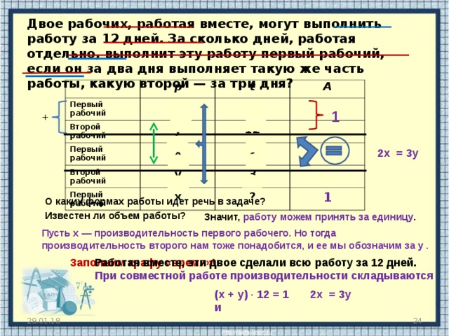 Двое рабочих, работая вместе, могут выполнить работу за 12 дней. За сколько дней, работая отдельно, выполнит эту работу первый рабочий, если он за два дня выполняет такую же часть работы, какую второй — за три дня? Первый рабочий p х t Второй рабочий A 12 Первый рабочий у х 12 Второй рабочий 2 у Первый рабочий х 3 ? 1 1 + 2х = 3у О каких формах работы идет речь в задаче? Известен ли объем работы? Значит, работу можем принять за единицу . В этой задаче (в отличие от предыдущей) ничего не сказано о том, какая это работа, чему равен ее объем. Значит, работу можем принять за единицу. А что же обозначить за переменные? Мы уже говорили, что за переменную х удобно обозначить производительность. Пусть х — производительность первого рабочего. Но тогда производительность второго нам тоже понадобится, и ее мы обозначим за у . Заполним графу «время»! Работая вместе, эти двое сделали всю работу за 12 дней. При совместной работе производительности складываются (х + у)  12 = 1 и 2х = 3у 29.01.18   