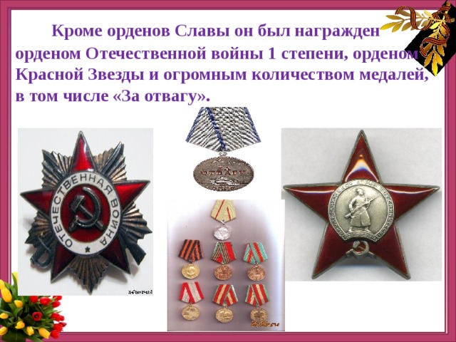  Кроме орденов Славы он был награжден орденом Отечественной войны 1 степени, орденом Красной Звезды и огромным количеством медалей, в том числе «За отвагу». 