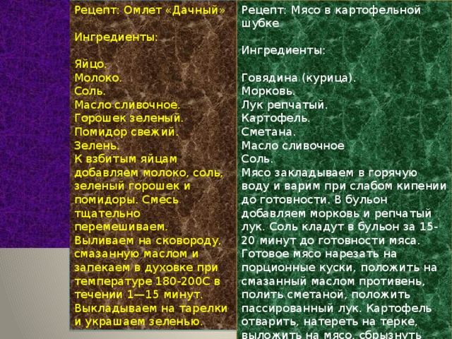 Рецепт: Омлет «Дачный» Рецепт: Мясо в картофельной шубке Ингредиенты: Ингредиенты: Яйцо. Говядина (курица). Морковь. Молоко. Соль. Лук репчатый. Масло сливочное. Картофель. Горошек зеленый. Сметана. Помидор свежий. Масло сливочное Зелень. Соль. К взбитым яйцам добавляем молоко, соль, зеленый горошек и помидоры. Смесь тщательно перемешиваем. Выливаем на сковороду, смазанную маслом и запекаем в духовке при температуре 180-200С в течении 1—15 минут. Выкладываем на тарелки и украшаем зеленью. Мясо закладываем в горячую воду и варим при слабом кипении до готовности. В бульон добавляем морковь и репчатый лук. Соль кладут в бульон за 15-20 минут до готовности мяса. Готовое мясо нарезать на порционные куски, положить на смазанный маслом противень, полить сметаной, положить пассированный лук. Картофель отварить, натереть на терке, выложить на мясо, сбрызнуть маслом и запекать в духовке при t 170-180C в течении 5-7 минут. При подаче на стол украшаем зеленью. 