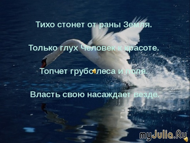 Тихо стонет от раны Земля.  Только глух Человек к красоте.  Топчет грубо леса и поля.  Власть свою насаждает везде. 