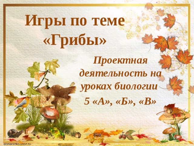 Игры по теме «Грибы» Проектная деятельность на уроках биологии 5 «А», «Б», «В» 