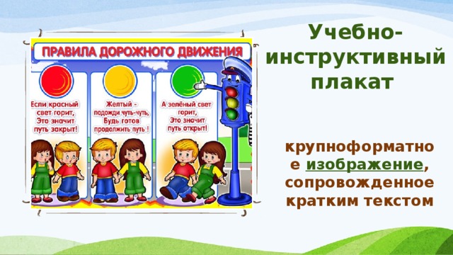 Учебно-инструктивный плакат крупноформатное  изображение , сопровожденное кратким текстом 