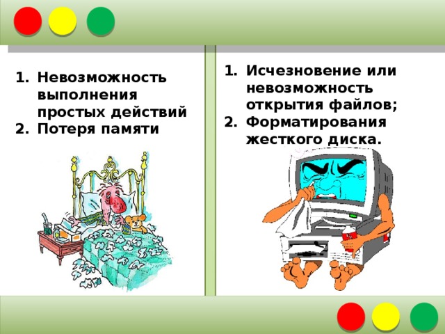 Исчезновение или невозможность открытия файлов; Форматирования жесткого диска. Невозможность выполнения простых действий Потеря памяти