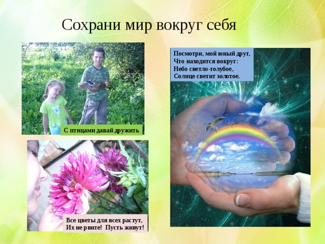 Сохрани мир вокруг себя Посмотри, мой юный друг, Что находится вокруг: Небо светло-голубое, Солнце светит золотое. С птицами давай дружить Все цветы для всех растут, Их не рвите! Пусть живут! 