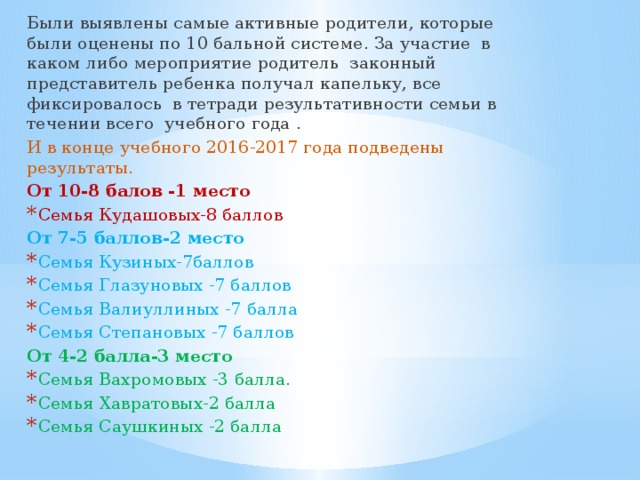 Были выявлены самые активные родители, которые были оценены по 10 бальной системе. За участие в каком либо мероприятие родитель законный представитель ребенка получал капельку, все фиксировалось в тетради результативности семьи в течении всего учебного года . И в конце учебного 2016-2017 года подведены результаты. От 10-8 балов -1 место Семья Кудашовых-8 баллов От 7-5 баллов-2 место Семья Кузиных-7баллов Семья Глазуновых -7 баллов Семья Валиуллиных -7 балла Семья Степановых -7 баллов От 4-2 балла-3 место Семья Вахромовых -3 балла. Семья Хавратовых-2 балла Семья Саушкиных -2 балла 