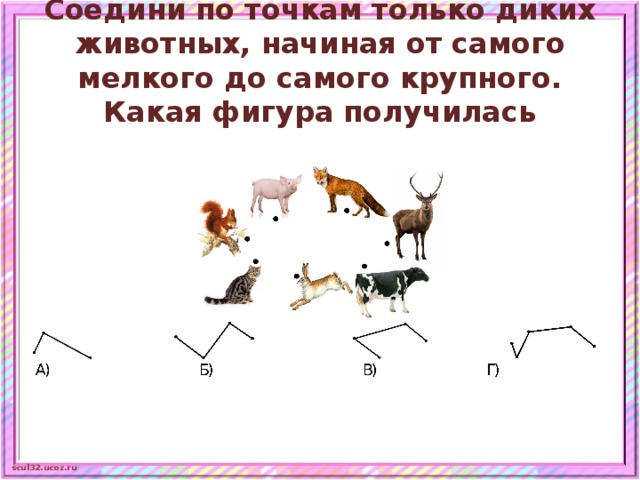Соедини по точкам только диких животных, начиная от самого мелкого до самого крупного. Какая фигура получилась 