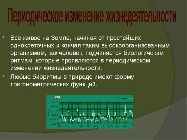 Всё живое на Земле, начиная от простейших одноклеточных и кончая таким высокоорганизованным организмом, как человек, подчиняется биологичским ритмам, которые проявляются в периодическом изменении жизнедеятельности. Любые биоритмы в природе имеют форму тригонометрических функций. 