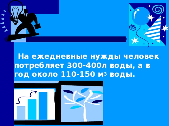              На ежедневные нужды человек потребляет 300-400л воды, а в год около 110-150 м 3 воды.  На ежедневные нужды человек потребляет 300-400л воды, а в год около 110-150 м 3 воды.  На ежедневные нужды человек потребляет 300-400л воды, а в год около 110-150 м 3 воды.  
