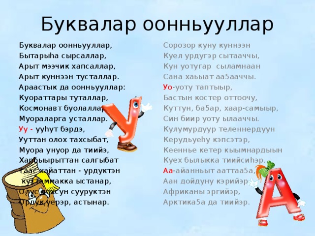 Буквалар оонньууллар Сорозор куну куннээн Буквалар оонньууллар, Бытарыhа сырсаллар, Куел урдугэр сытааччы, Кун уотугар сыламнаан Арыт мээчик хапсаллар, Арыт куннээн тусталлар. Сана хаьыат аа5ааччы. Уо -уоту таптыыр, Араастык да оонньууллар: Бастын костер оттоочу, Куораттары туталлар, Космонавт буолаллар, Куттун, ба5ар, хаар-самыыр, Син биир уоту ылааччы. Муораларга усталлар. Уу - ууhут бэрдэ, Кулумурдуур теленнердуун Керудьуеhу кэпсэтэр, Ууттан олох тахсыбат, Муора унуор да тиийэ, Кееннье кетер кыымнардыын Харбыырыттан салгыбат Куех былыкка тиийсиhэр. Таас хайаттан - урдуктэн Аа -айанньыт ааттаа5а,  куттаммакка ыстанар, Аан дойдуну кэрийэр, Африканы эргийэр, Олус дохсун сууруктэн Арктика5а да тиийэр. Ордук уерэр, астынар. 