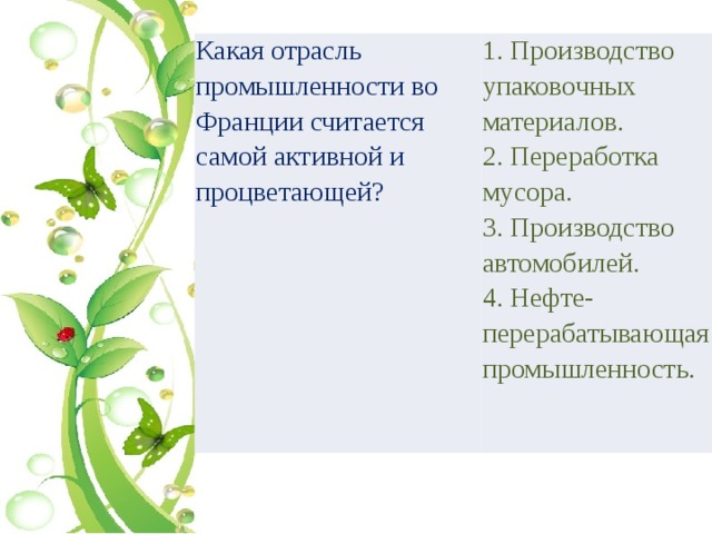 Какая отрасль промышленности во Франции считается самой активной и процветающей? 1. Производство упаковочных материалов. 2. Переработка мусора. 3. Производство автомобилей. 4. Нефте-перерабатывающая промышленность. 