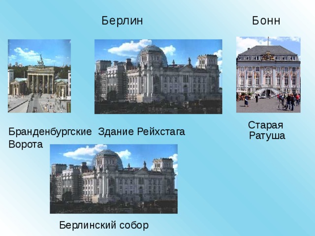  Берлин Бранденбургские Здание Рейхстага Ворота Берлинский собор  Бонн  Старая Ратуша 