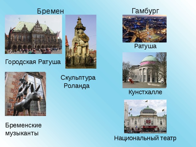 Бремен Городская Ратуша  Скульптура  Роланда Бременские музыканты Гамбург Ратуша Кунстхалле Национальный театр 