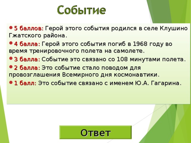 5 баллов: Герой этого события родился в селе Клушино Гжатского района. 4 балла: Герой этого события погиб в 1968 году во время тренировочного полета на самолете. 3 балла: Событие это связано со 108 минутами полета. 2 балла: Это событие стало поводом для провозглашения Всемирного дня космонавтики. 1 балл: Это событие связано с именем Ю.А. Гагарина.   Ответ 