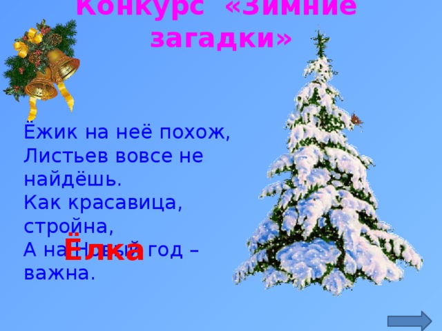 Конкурс «Зимние загадки» Ёжик на неё похож,  Листьев вовсе не найдёшь.  Как красавица, стройна,  А на Новый год – важна. http://qna.center/storage/photos/grande36/1301276.gif Ёлка  