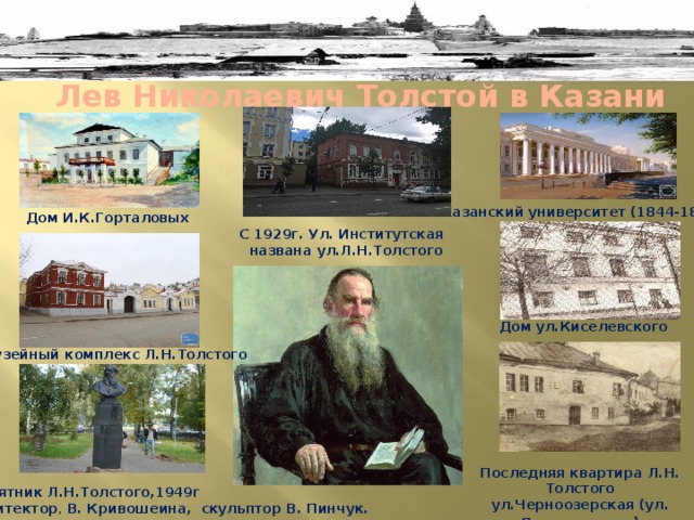 Лев Николаевич Толстой в Казани Казанский университет (1844-1847) Дом И.К.Горталовых С 1929г. Ул. Институтская  названа ул.Л.Н.Толстого Дом ул.Киселевского Музейный комплекс Л.Н.Толстого Последняя квартира Л.Н. Толстого ул.Черноозерская (ул. Дзержинского ) Памятник Л.Н.Толстого,1949г Архитектор , В. Кривошеина,  скульптор В. Пинчук. 