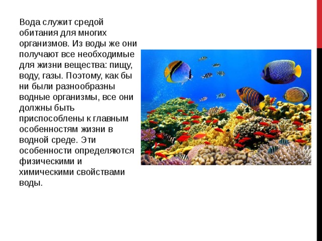 Вода служит средой обитания для многих организмов. Из воды же они получают все необходимые для жизни вещества: пищу, воду, газы. Поэтому, как бы ни были разнообразны водные организмы, все они должны быть приспособлены к главным особенностям жизни в водной среде. Эти особенности определяются физическими и химическими свойствами воды. 