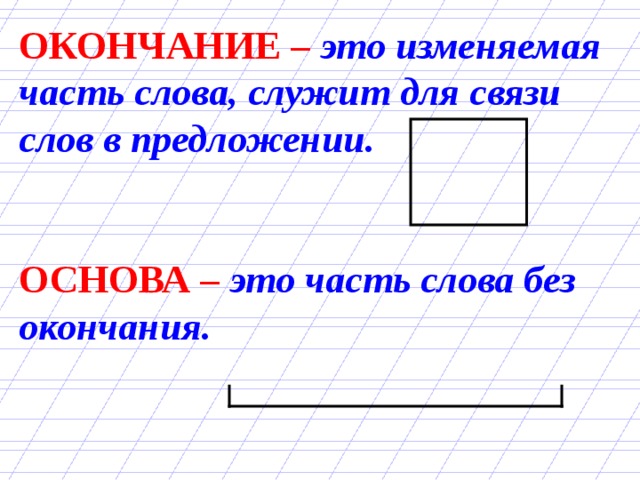ОКОНЧАНИЕ – это изменяемая часть слова, служит для связи слов в предложении. ОСНОВА – это часть слова без окончания. 