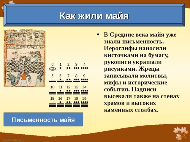 Как жили майя В Средние века майя уже знали письменность. Иероглифы наносили кисточками на бумагу, рукописи украшали рисунками. Жрецы записывали молитвы, мифы и исторические события. Надписи высекали также на стенах храмов и высоких каменных столбах.    Письменность майя 