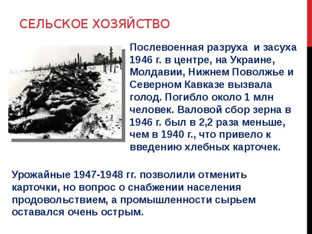 Сельское хозяйство Послевоенная разруха и засуха 1946 г. в центре, на Украине, Молдавии, Нижнем Поволжье и Северном Кавказе вызвала голод. Погибло около 1 млн человек. Валовой сбор зерна в 1946 г. был в 2,2 раза меньше, чем в 1940 г., что привело к введению хлебных карточек. Урожайные 1947-1948 гг. позволили отменить карточки, но вопрос о снабжении населения продовольствием, а промышленности сырьем оставался очень острым. 