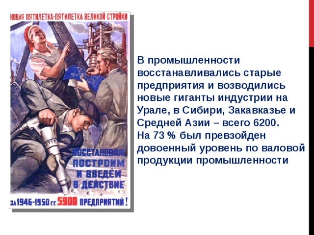 В промышленности восстанавливались старые предприятия и возводились новые гиганты индустрии на Урале, в Сибири, Закавказье и Средней Азии – всего 6200. На 73 % был превзойден довоенный уровень по валовой продукции промышленности 