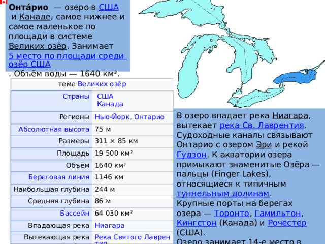 Онта́рио   — озеро в  США  и  Канаде , самое нижнее и самое маленькое по площади в системе  Великих озёр . Занимает  5 место по площади среди озёр США . Объём воды — 1640 км³. теме  Великих озёр   США    Канада Регионы Нью-Йорк ,  Онтарио 75 м Размеры 311 × 85 км Площадь 19 500 км² Объём 1640 км³ 1146 км Наибольшая глубина Средняя глубина 244 м 86 м 64 030 км² Впадающая река Вытекающая река В озеро впадает река  Ниагара , вытекает  река Св. Лаврентия . Судоходные каналы связывают Онтарио с озером  Эри  и рекой  Гудзон . К акватории озера примыкают знаменитые Озёра — пальцы (Finger Lakes), относящиеся к типичным  туннельным долинам . Крупные порты на берегах озера —  Торонто ,  Гамильтон ,  Кингстон  (Канада) и  Рочестер (США). Озеро занимает 14-е место в мире по величине. На Онтарио развито судоходство. 