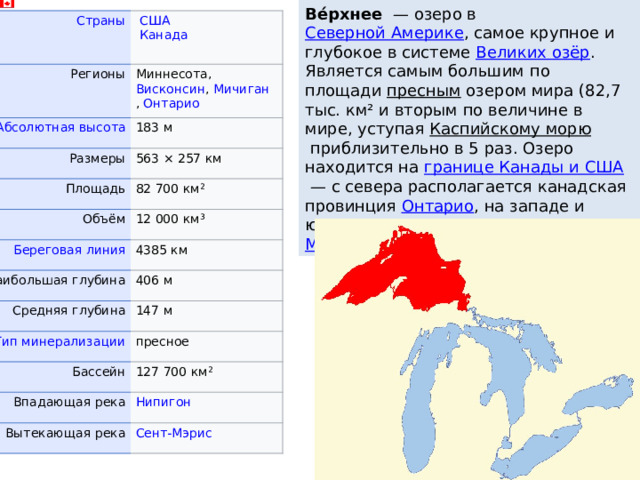 Ве́рхнее   — озеро в  Северной Америке , самое крупное и глубокое в системе  Великих озёр . Является самым большим по площади  пресным  озером мира (82,7 тыс. км² и вторым по величине в мире, уступая  Каспийскому морю  приблизительно в 5 раз. Озеро находится на  границе Канады и США  — с севера располагается канадская провинция  Онтарио , на западе и юге — американские штаты  Миннесота ,  Висконсин  и  Мичиган .   США    Канада Регионы Миннесота ,  Висконсин ,  Мичиган ,  Онтарио Размеры 183 м 563 × 257 км Площадь Объём 82 700 км² 12 000 км³ Наибольшая глубина 4385 км Средняя глубина 406 м 147 м Бассейн пресное 127 700 км² Впадающая река Вытекающая река 