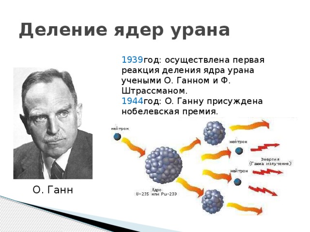 Деление ядер урана 1939 год: осуществлена первая реакция деления ядра урана учеными О. Ганном и Ф. Штрассманом. 1944 год: О. Ганну присуждена нобелевская премия.  О. Ганн 