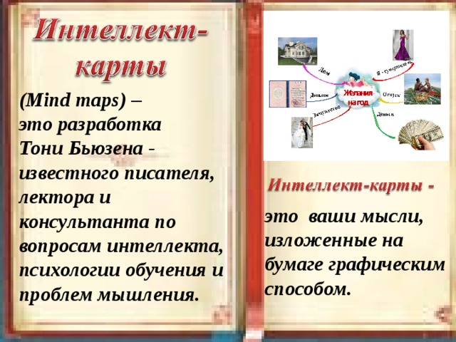    (Mind maps) – это разработка Тони Бьюзена - известного писателя, лектора и консультанта по вопросам интеллекта, психологии обучения и проблем мышления. это ваши мысли, изложенные на бумаге графическим способом.   