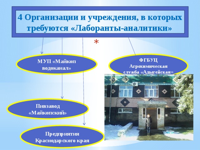 4 Организации и учреждения, в которых требуются «Лаборанты-аналитики»   МУП «Майкоп водоканал» ФГБУЦ Агрохимическая служба «Адыгейская » Пивзавод «Майкопский» Предприятия Краснодарского края 