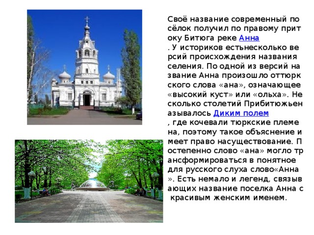 Своё название современный посёлок получил по правому притоку Битюга реке  Анна . У историков естьнесколько версий происхождения названия селения. По одной из версий название Анна произошло оттюркского слова «ана», означающее «высокий куст» или «ольха». Несколько столетий Прибитюжьеназывалось  Диким полем , где кочевали тюркские племена, поэтому такое объяснение имеет право насуществование. Постепенно слово «ана» могло трансформироваться в понятное для русского слуха слово«Анна». Есть немало и легенд, связывающих название поселка Анна с красивым женским именем. 
