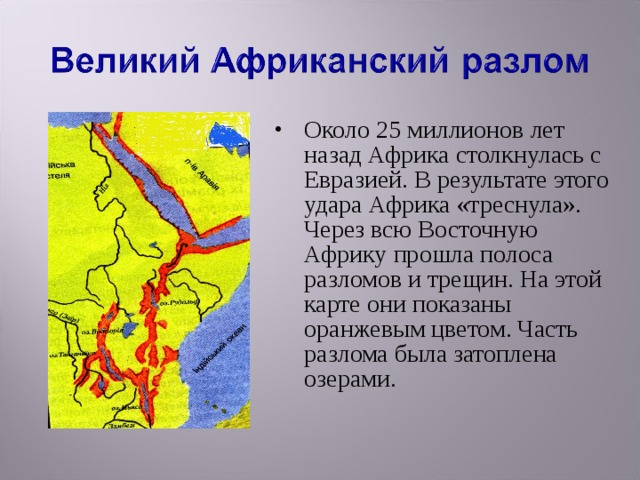 Около 25 миллионов лет назад Африка столкнулась с Евразией. В результате этого удара Африка «треснула». Через всю Восточную Африку прошла полоса разломов и трещин. На этой карте они показаны оранжевым цветом. Часть разлома была затоплена озерами. 