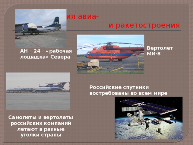 Продукция авиа- и ракетостроения Вертолет МИ-8 АН – 24 – «рабочая лошадка» Севера Российские спутники востребованы во всем мире Самолеты и вертолеты российских компаний летают в разные уголки страны 