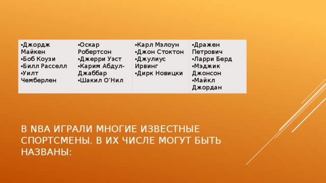 Джордж Майкен Боб Коузи Билл Расселл Уилт Чемберлен Оскар Робертсон Джерри Уэст Карим Абдул-Джаббар Шакил О’Нил Карл Мэлоун Джон Стоктон Джулиус Ирвинг Дирк Новицки Дражен Петрович Ларри Берд Мэджик Джонсон Майкл Джордан В NBA играли многие известные спортсмены. В их числе могут быть названы: 
