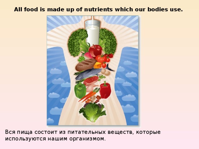 All food is made up of nutrients which our bodies use. Вся пища состоит из питательных веществ, которые используются нашим организмом. 