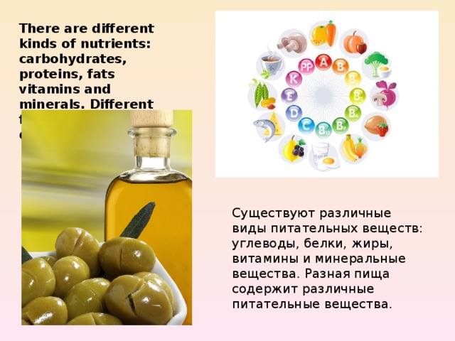 There are different kinds of nutrients: carbohydrates, proteins, fats vitamins and minerals. Different foods contain different nutrients. Существуют различные виды питательных веществ: углеводы, белки, жиры, витамины и минеральные вещества. Разная пища содержит различные питательные вещества. 