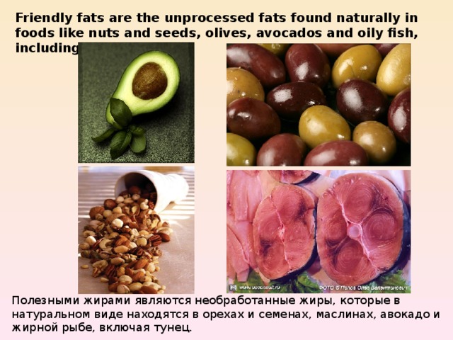 Friendly fats are the unprocessed fats found naturally in foods like nuts and seeds, olives, avocados and oily fish, including tuna. Полезными жирами являются необработанные жиры, которые в натуральном виде находятся в орехах и семенах, маслинах, авокадо и жирной рыбе, включая тунец. 