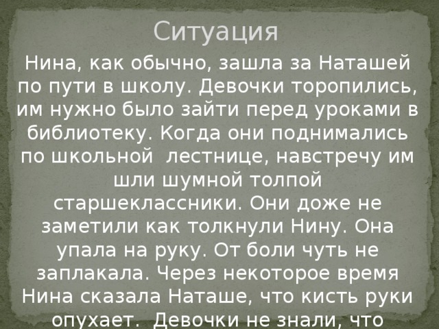 Ситуация Нина, как обычно, зашла за Наташей по пути в школу. Девочки торопились, им нужно было зайти перед уроками в библиотеку. Когда они поднимались по школьной  лестнице, навстречу им шли шумной толпой старшеклассники. Они доже не заметили как толкнули Нину. Она упала на руку. От боли чуть не заплакала. Через некоторое время Нина сказала Наташе, что кисть руки опухает.  Девочки не знали, что делать. 