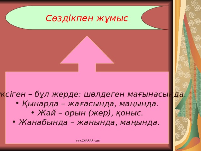 Сөздікпен жұмыс  Өксіген – бұл жерде: шөлдеген мағынасында.  Қынарда – жағасында, маңында.  Жай – орын (жер), қоныс.  Жанабында – жанында, маңында. www.ZHARAR.com 
