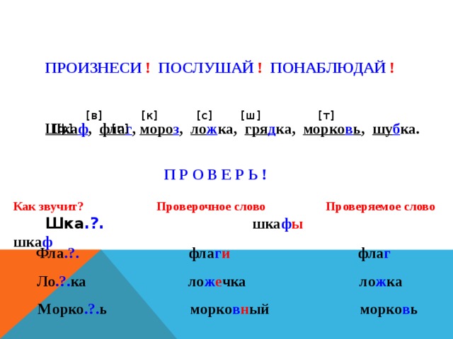ПРОИЗНЕСИ ! ПОСЛУШАЙ ! ПОНАБЛЮДАЙ !  [в] [к] [с] [ш] [т] [ф] [п] Шка ф , фла г , моро з , ло ж ка, гря д ка, морко в ь , шу б ка. П Р О В Е Р Ь ! Как звучит? Проверочное слово Проверяемое слово  Шка .?.  шка ф ы шка ф  Фла .?. фла г и фла г  Ло .?. ка ло ж е чка ло ж ка  Морко .?. ь морко в н ый морко в ь 