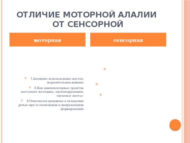 Отличие моторной алалии  от сенсорной моторная сенсорная 7.Активное использование жестов, выразительная мимика 8.Как компенсаторные средства выступают мелодика, звукоподражания, «звуковые жесты» 9.Отмечается динамика в овладении речью при ее спонтанном и направленном формировании 7.Отсутствие жестов и амимичность или невыразительность мимики 8.Отсутствие компенсаторных средств 9.Крайне низкий темп при направленном формировании речи  