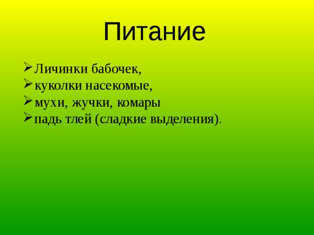 Личинки бабочек, куколки насекомые, мухи, жучки, комары падь тлей (сладкие выделения) . Питание 