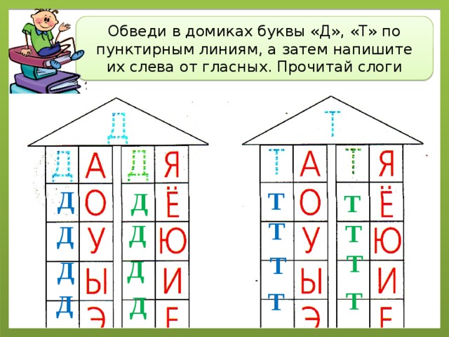 Обведи в домиках буквы «Д», «Т» по пунктирным линиям, а затем напишите их слева от гласных. Прочитай слоги Д Т Д Т Т Д Т Д Т Т Д Д Т Т Д Д 