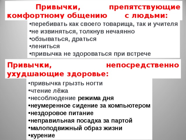  Привычки, препятствующие комфортному общению с людьми: перебивать как своего товарища, так и учителя не извиняться, толкнув нечаянно обзываться, драться лениться привычка не здороваться при встрече Привычки, непосредственно ухудшающие здоровье: привычка грызть ногти чтение лёжа несоблюдение режима дня неумеренное сидение за компьютером нездоровое питание неправильная посадка за партой малоподвижный образ жизни курение 