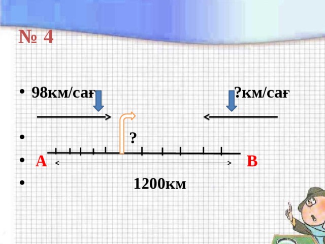 № 4   98км/сағ ?км/сағ   ?  А  В  1200км       