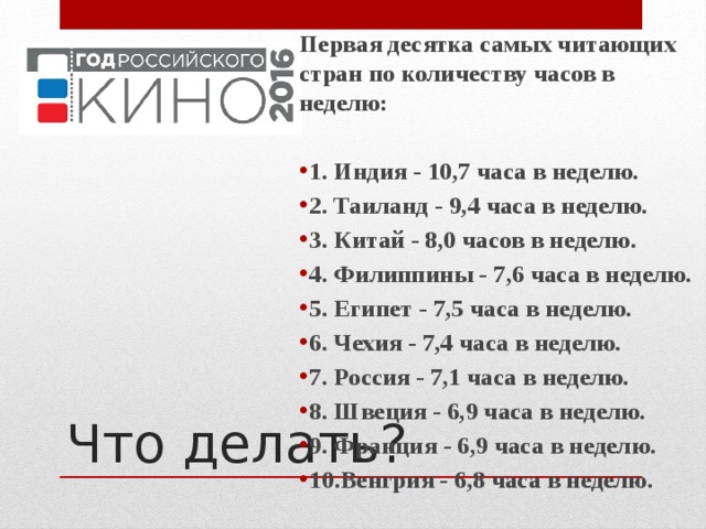  Первая десятка самых читающих стран по количеству часов в неделю:  1. Индия ‑ 10,7 часа в неделю. 2. Таиланд ‑ 9,4 часа в неделю. 3. Китай ‑ 8,0 часов в неделю. 4. Филиппины ‑ 7,6 часа в неделю. 5. Египет ‑ 7,5 часа в неделю. 6. Чехия ‑ 7,4 часа в неделю. 7. Россия ‑ 7,1 часа в неделю. 8. Швеция ‑ 6,9 часа в неделю. 9. Франция ‑ 6,9 часа в неделю. 10.Венгрия ‑ 6,8 часа в неделю.    Что делать? 