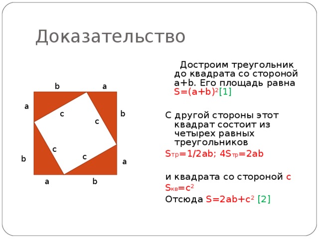 Доказательство  Достроим треугольник до квадрата со стороной a+b . Его площадь равна S=(a+b) ² [1] С другой стороны этот квадрат состоит из четырех равных треугольников S тр = 1/2ab; 4 S тр = 2ab и квадрата со стороной с S кв =с² Отсюда S =2 ab+c² [2] a b a b c c c c b a a b 