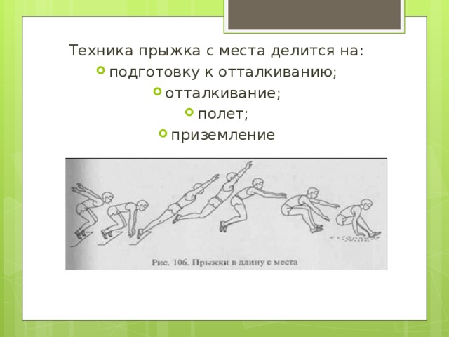 Техника прыжка с места делится на: подготовку к отталкиванию; отталкивание; полет; приземление 