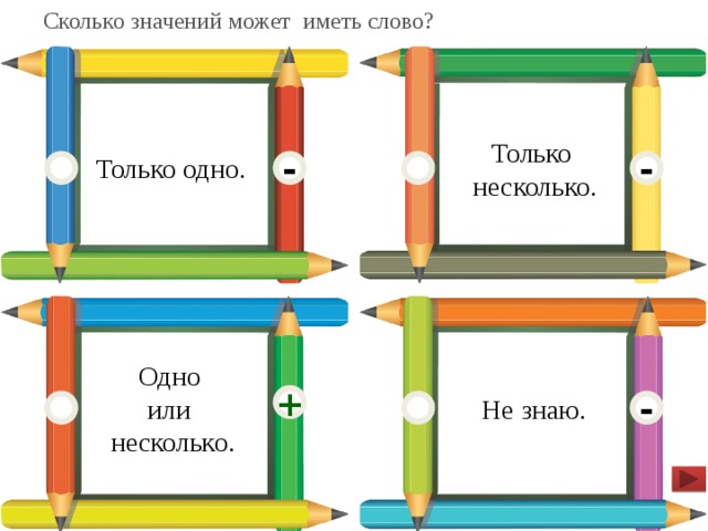  Сколько значений может иметь слово? Только несколько. Только одно. - - Одно или несколько. Не знаю. + -  