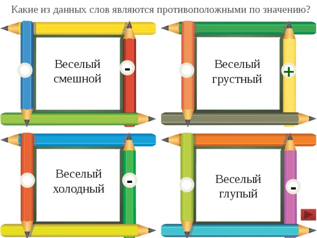 Какие из данных слов являются противоположными по значению? Веселый смешной Веселый грустный - + Веселый холодный Веселый глупый - -  